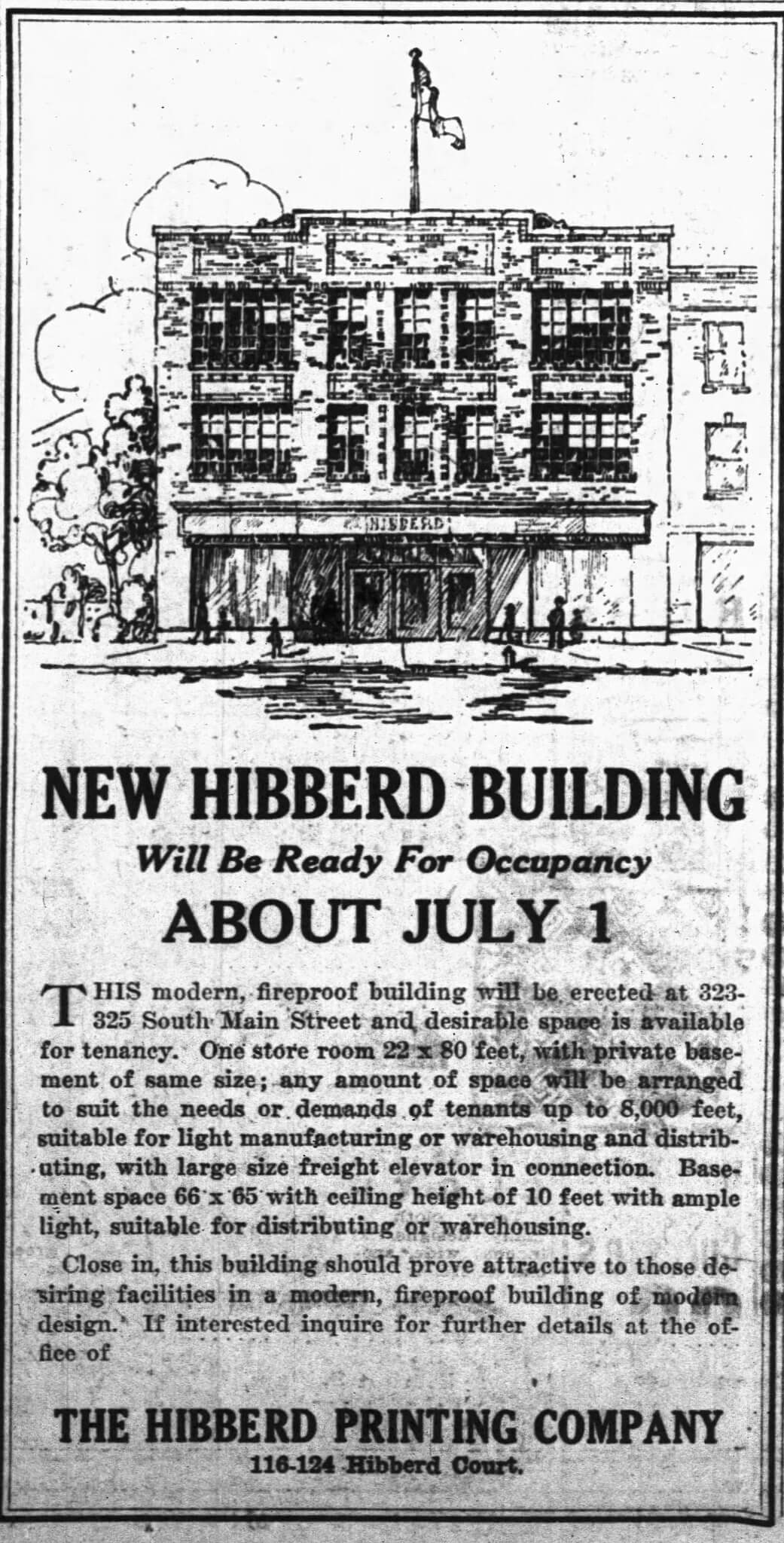 1926 South Bend Tribune advertisement searching for tenants to operate inside the new building alongside the printing company.