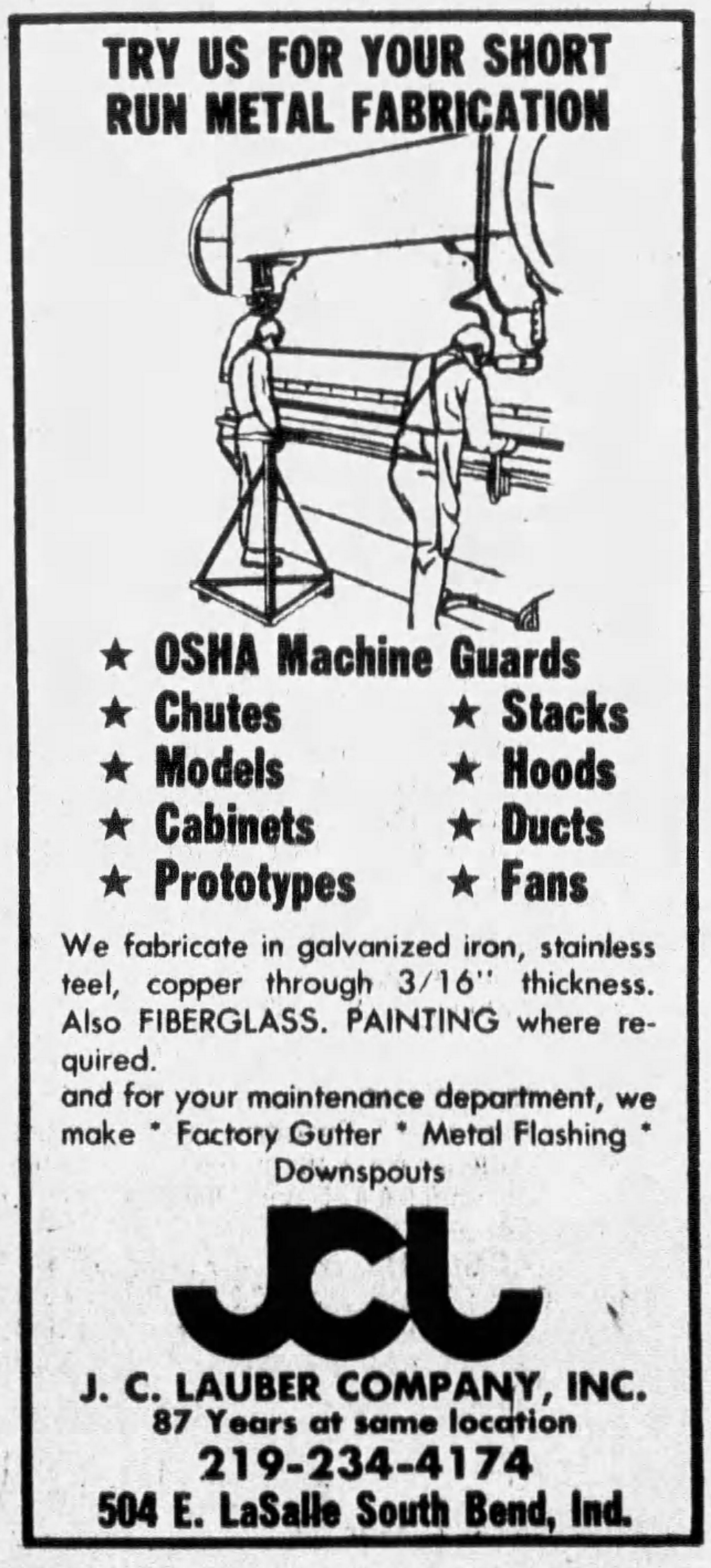 1977 South Bend Tribune advertisement for The J.C. Lauber Company.