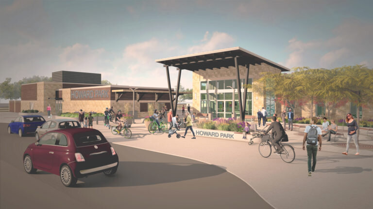 A rendering of the new community building currently under construction on the North East corner of Howard Park.