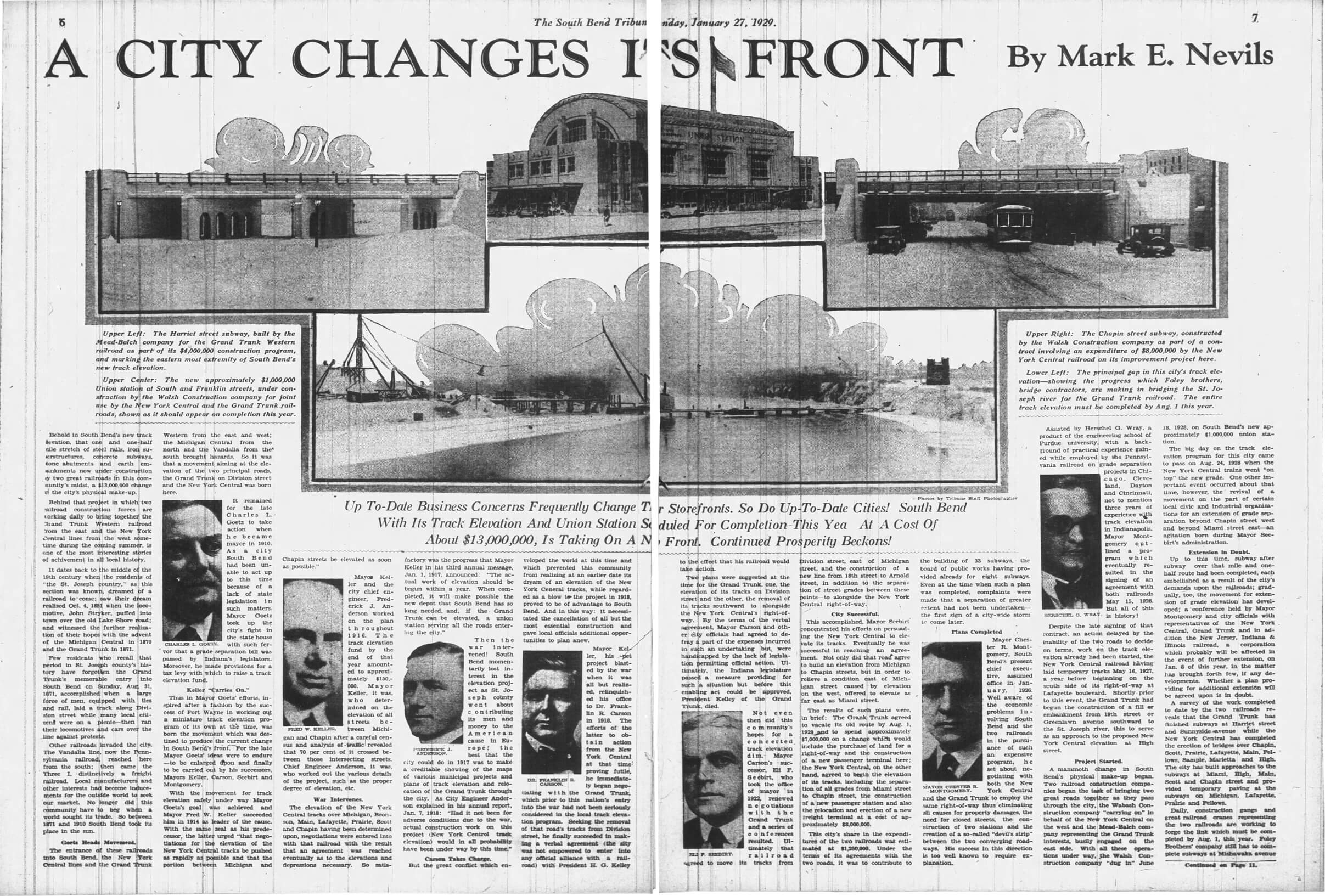 A scan of the South Bend Tribune’s Sunday, January 29, 1929 paper featuring a 2-page spread by Mark E. Nevils detailing the track elevation program.