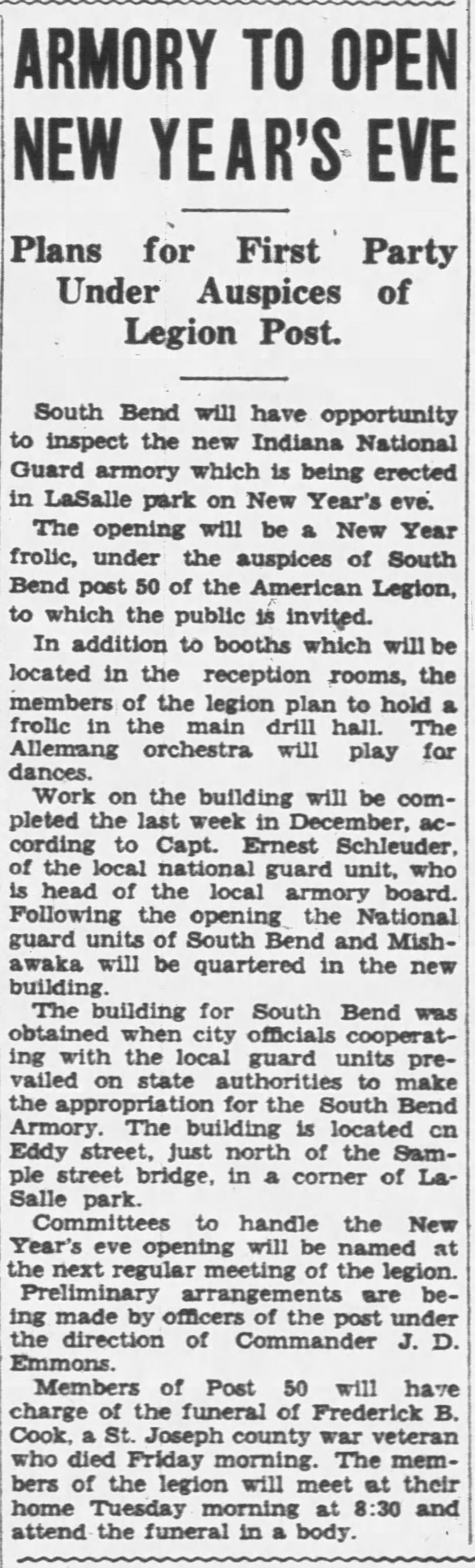 December 2, 1928 South Bend Tribune article announcing a News Years Eve party to open the new armory.