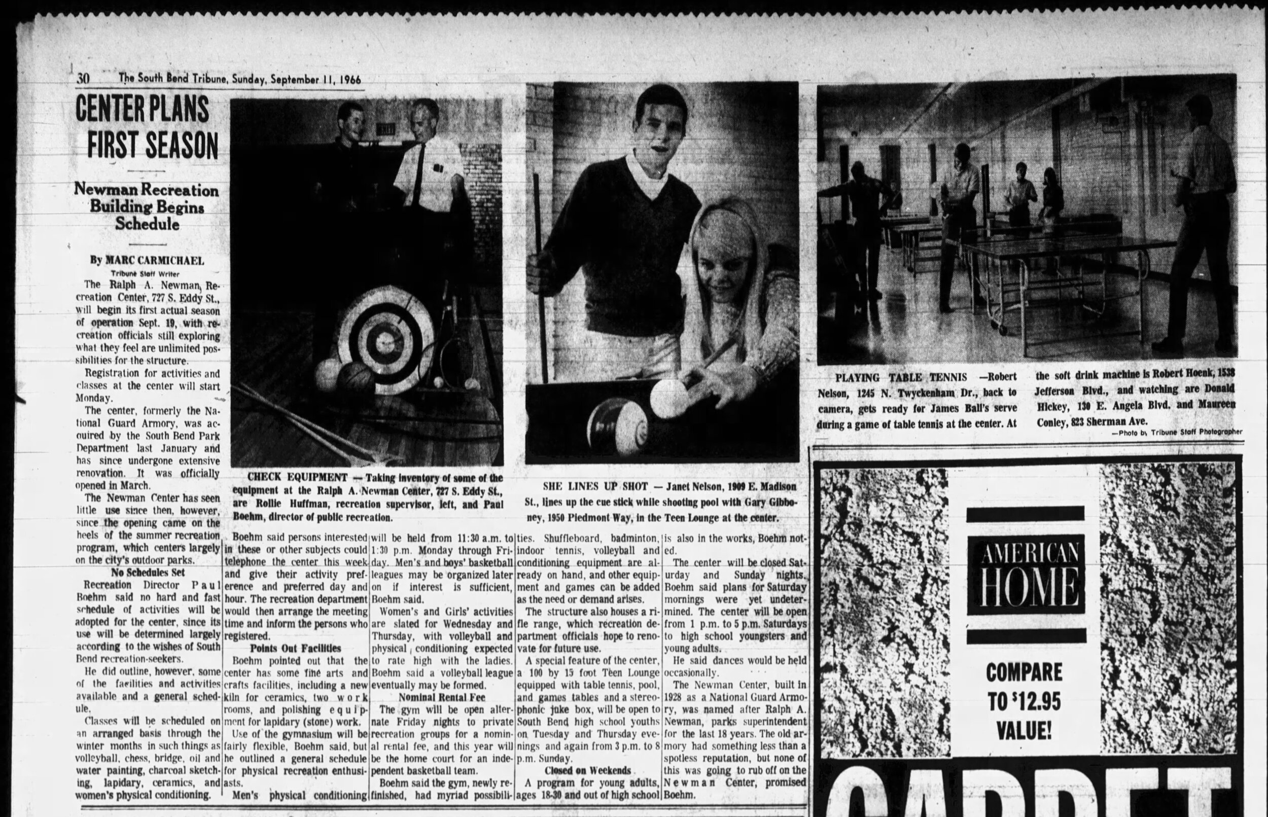 September 11, 1966 South Bend Tribune article about The Armory’s first season as Newman Recreation Center.