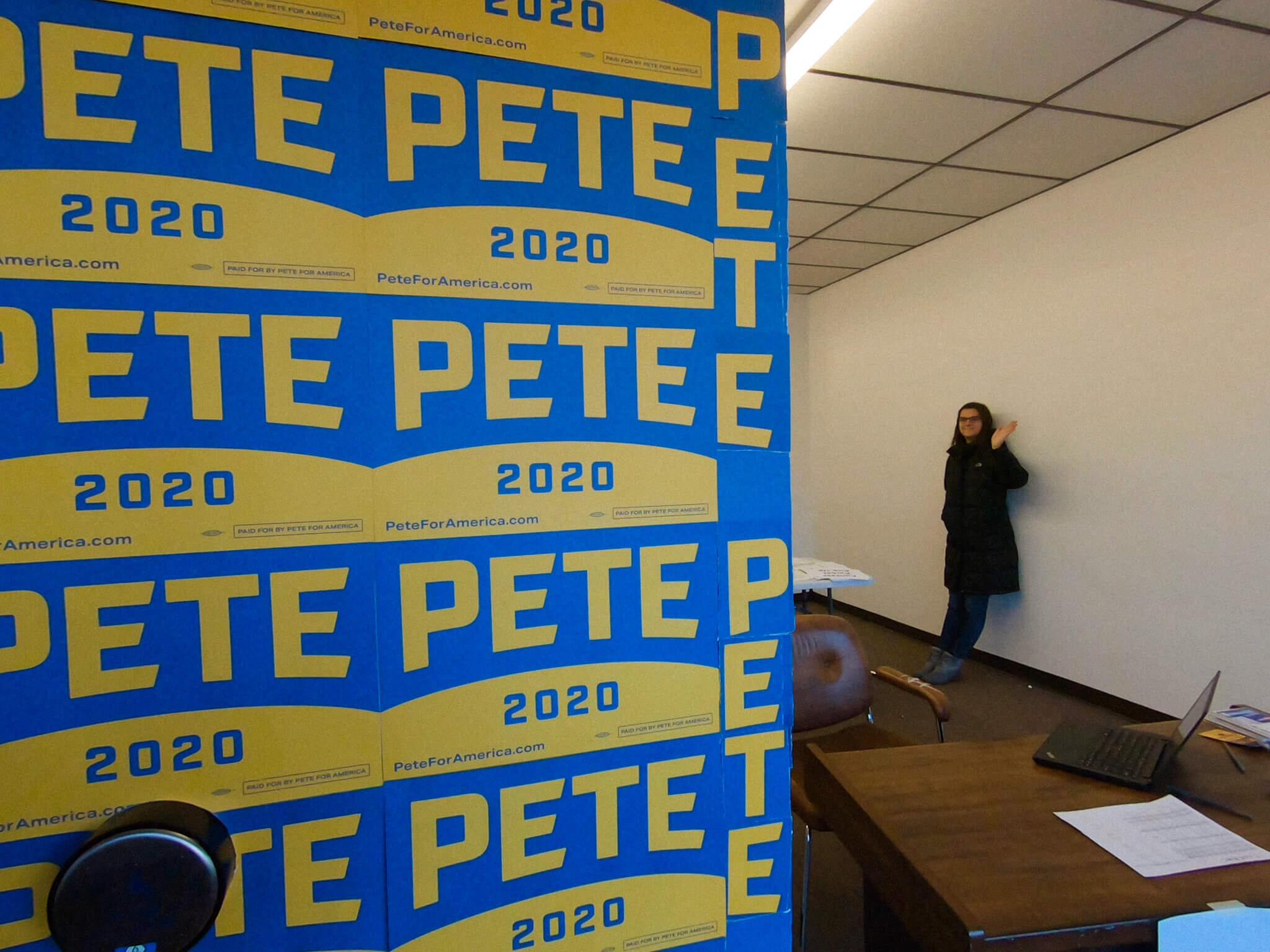 Maria inside the Pete for America field office in Grinnell.