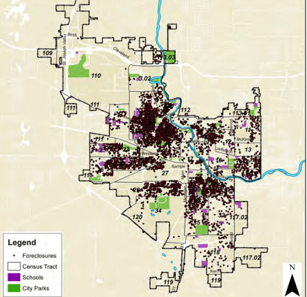 Foreclosures occurring in South Bend from 2001-2007, Vacant &amp; Abandoned Properties Task Force Report 2013