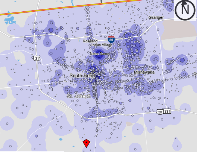 “Heat Map” of jobs in the South Bend region. Downtown South Bend has the highest concentration of jobs, followed by Notre Dame. Sourced from On The Map, Census Bureau.