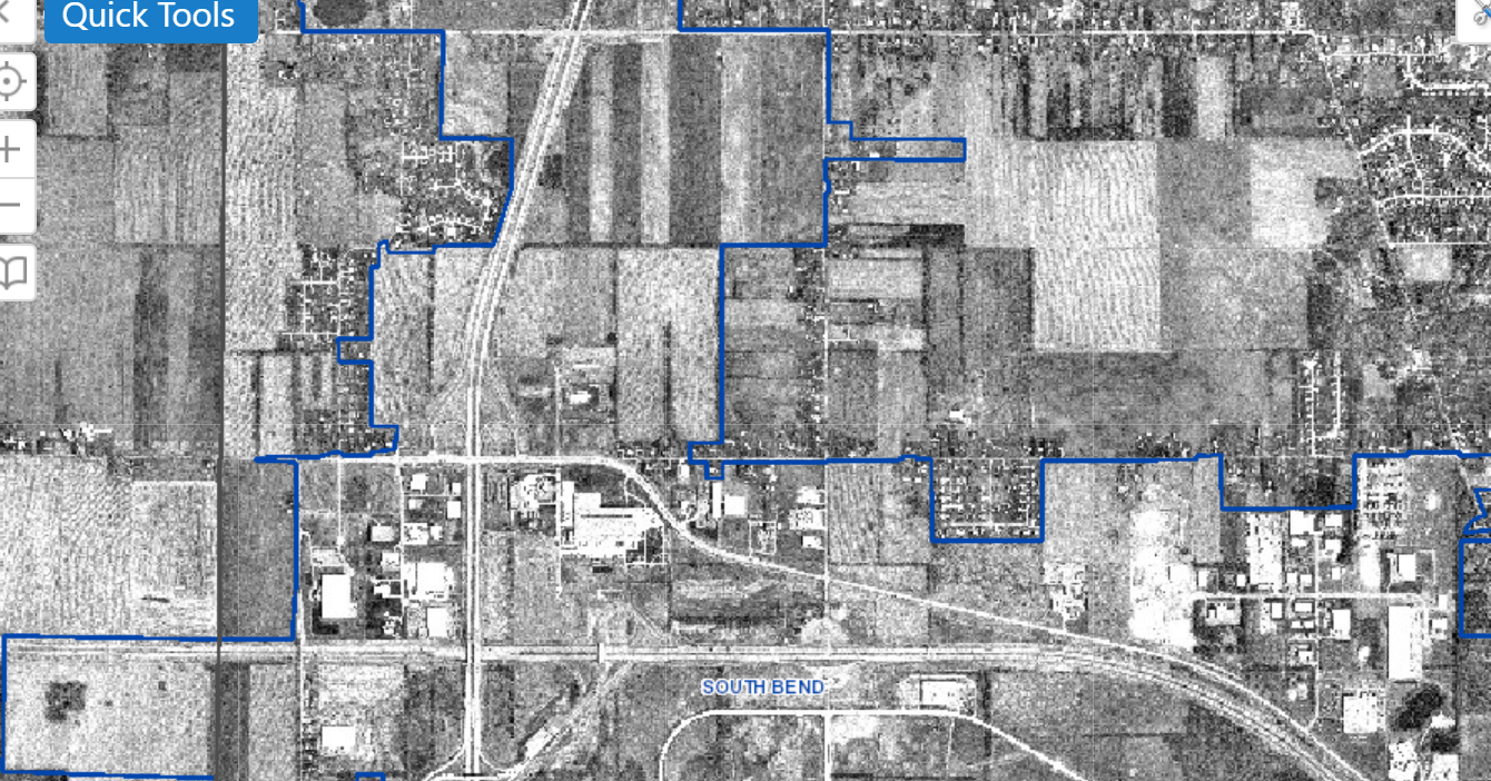 Northwest South Bend with current city boundaries applied, 1998