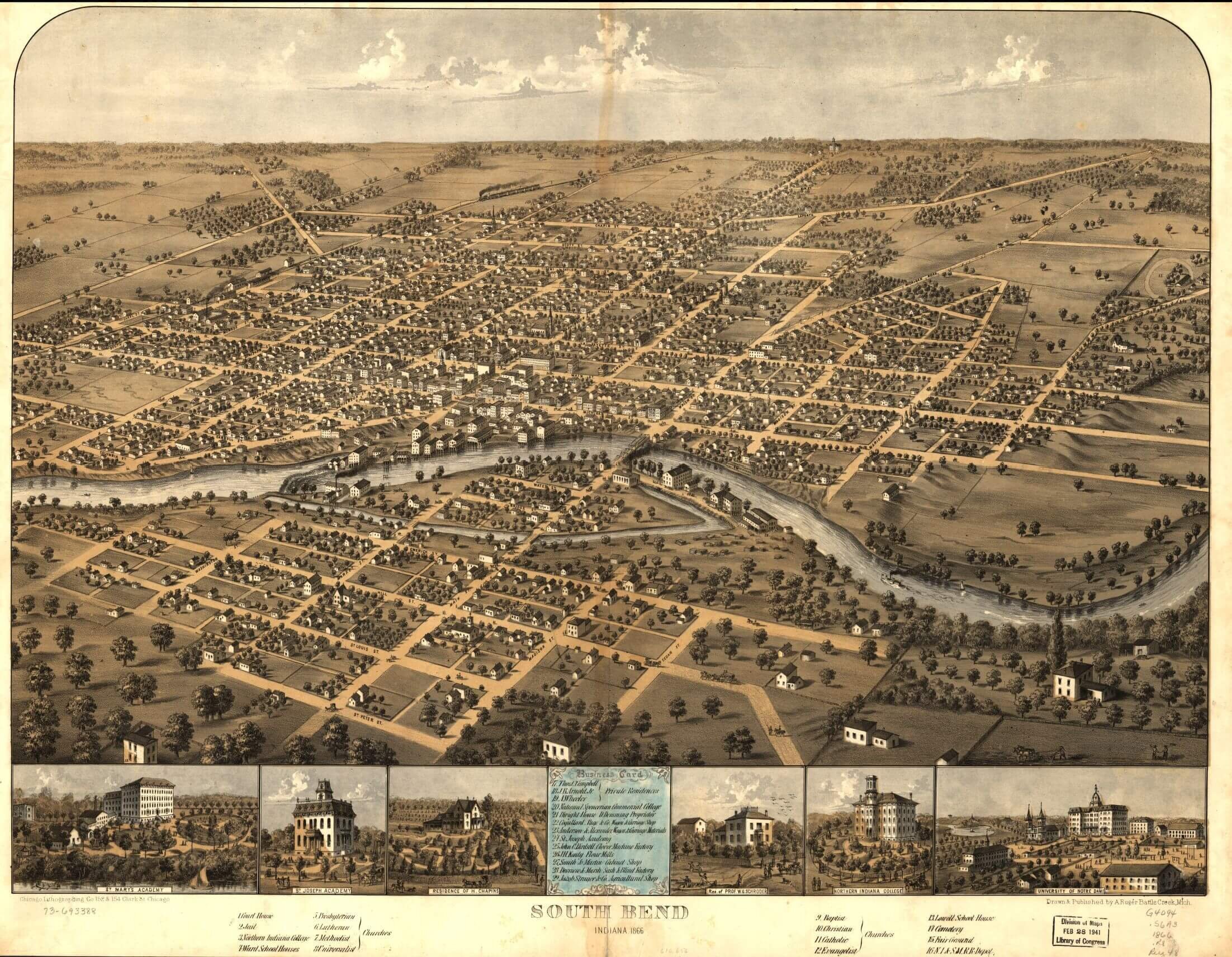 South Bend in 1866, Library of Congress. Note how immediately after South Bend city limits end the rural countryside begin.