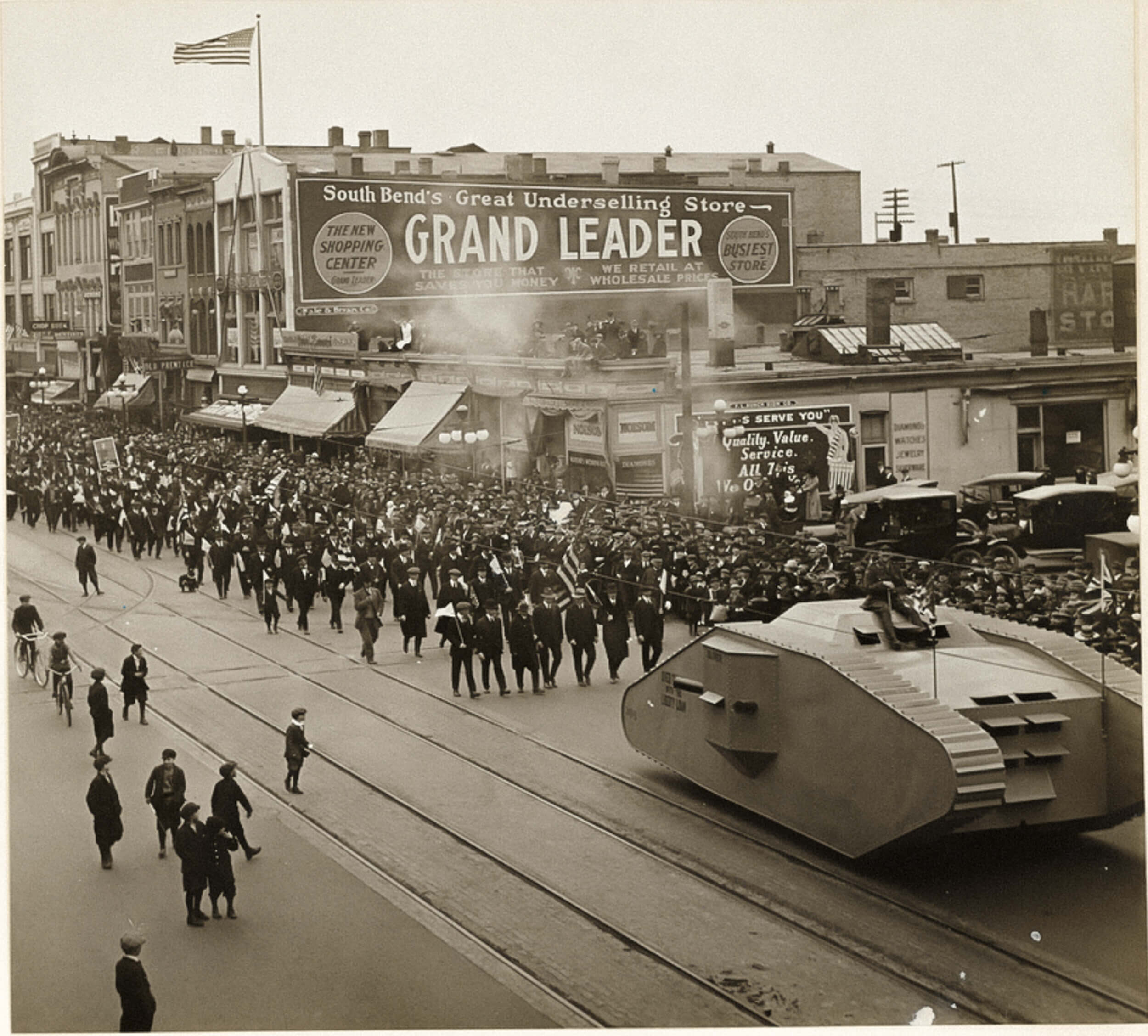 1919 Liberty Loan Parade in downtown South Bend led by a tank manufactured locally by Oliver Chilled Plow Works.