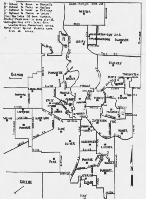 1963 elementary schools boundaries in the newly formed South Bend Community School Corporation.