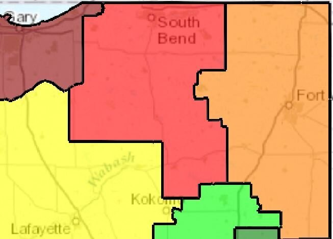 North Indiana Congressional Districts 2010s, Sourced United States Congressional District Shapefiles. Notice how much larger South Bend’s Congressional District is than it used to be. This is a cost of population decline.